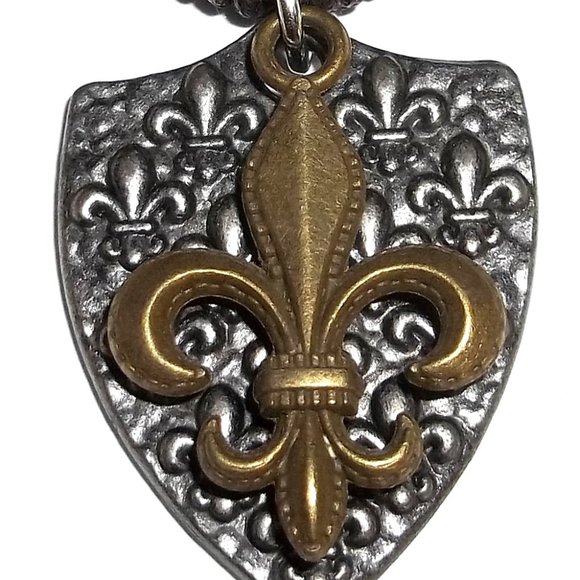 Mixed Metal Medallion Cord Necklace Fleur De Lis Unisex Silver Bronze Brown C227 - Picture 3 of 8